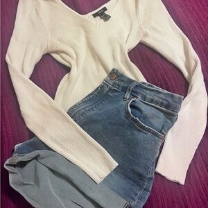 Cream Ribbed Sweater and Blue Denim Shorts